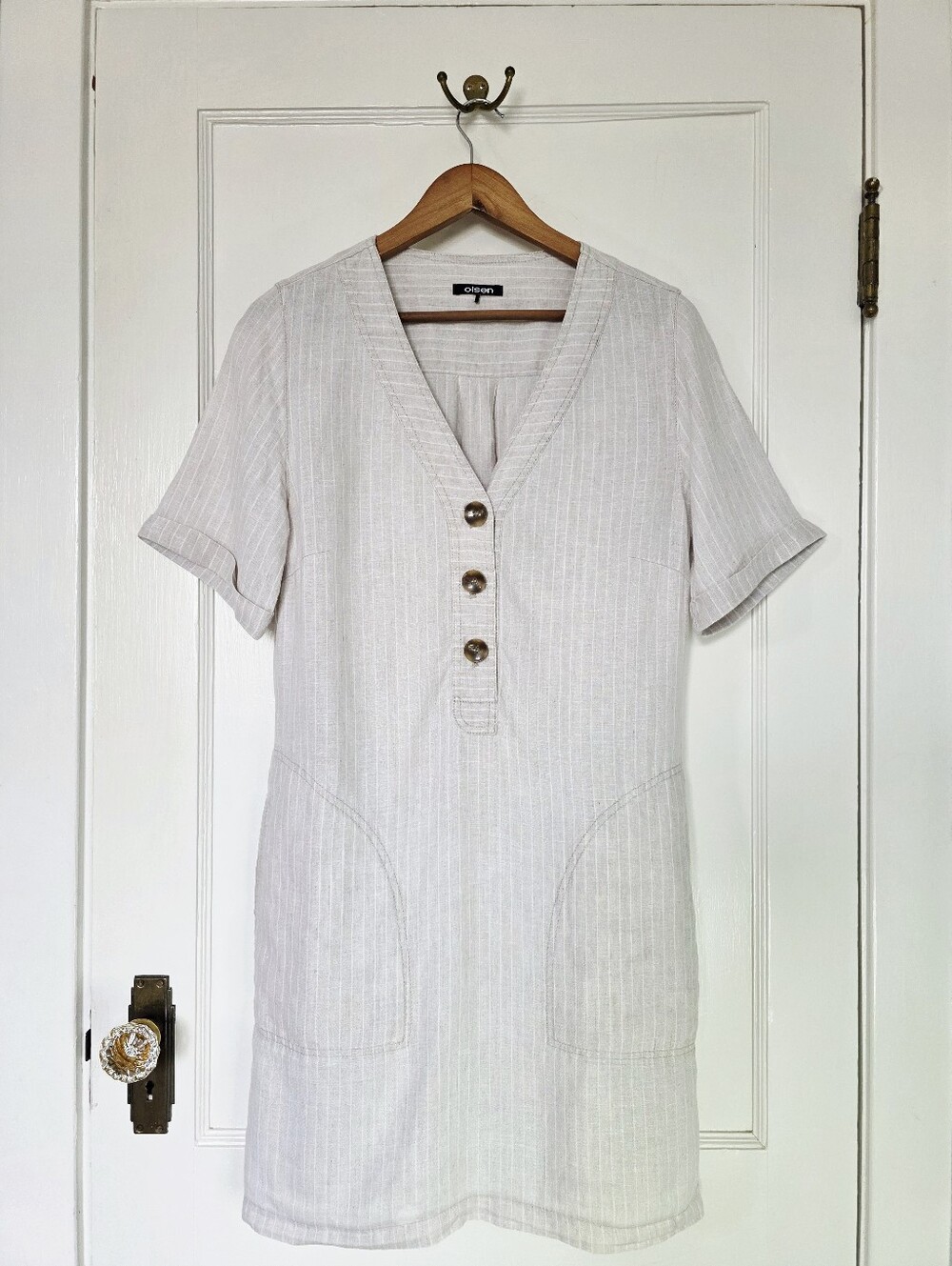 Olsen Light Stone Linen Dress – Size 8 – Light Sand / Fine Cream Stripes